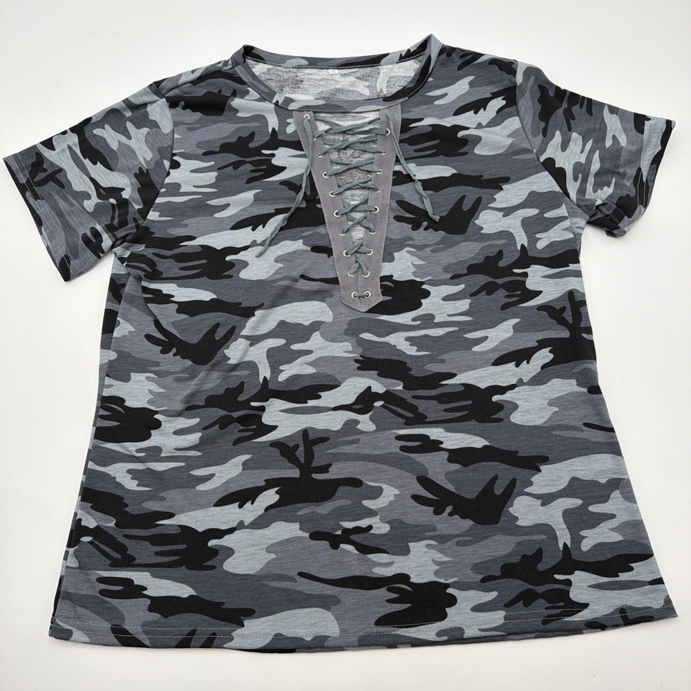 Women's XL Gray/Black Camouflage V-Neck Short Sleeve Lace-Up Pullover T-Shirt